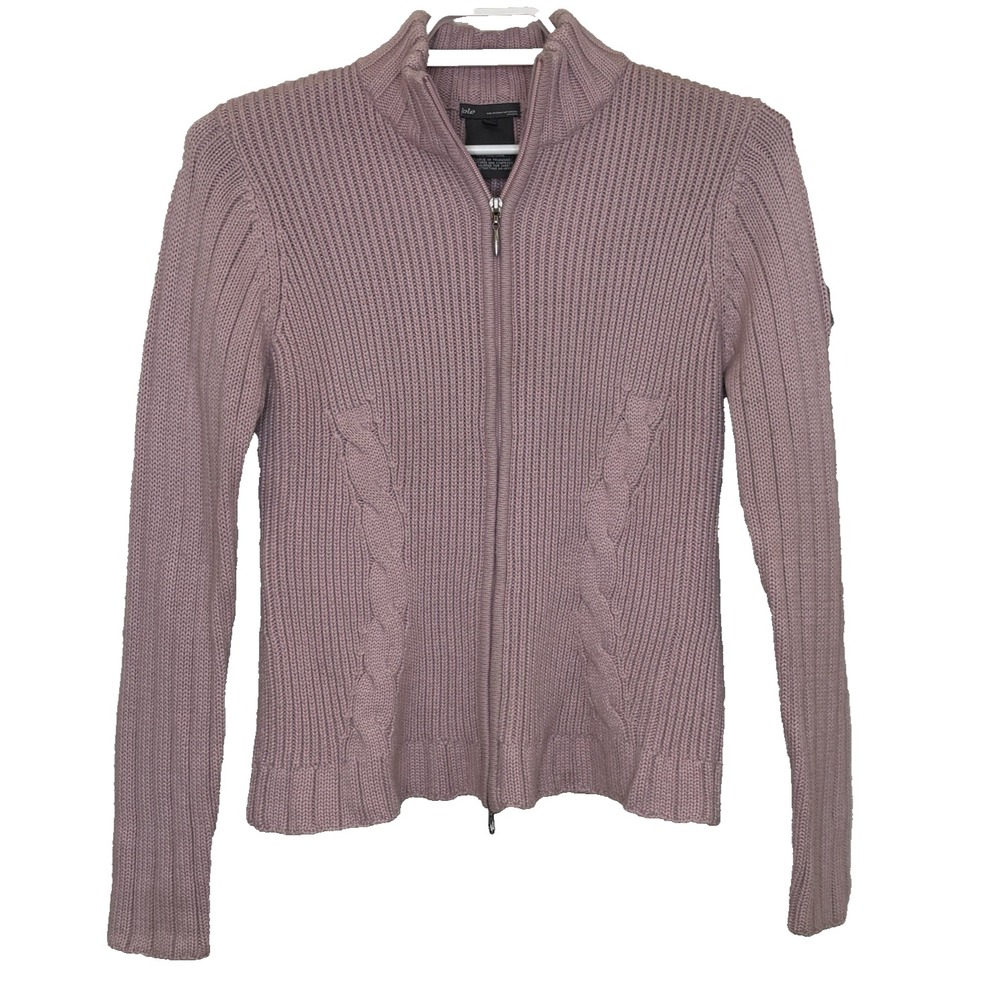 Lole Sweater Cardigan Womens Medium Mauve Pink Full Zip Chunky Knit Wool Blend